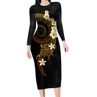 Polynesian Spiral Tribal Tattoo Family Matching Long Sleeve Bodycon Dress and Hawaiian Shirt Golden Color