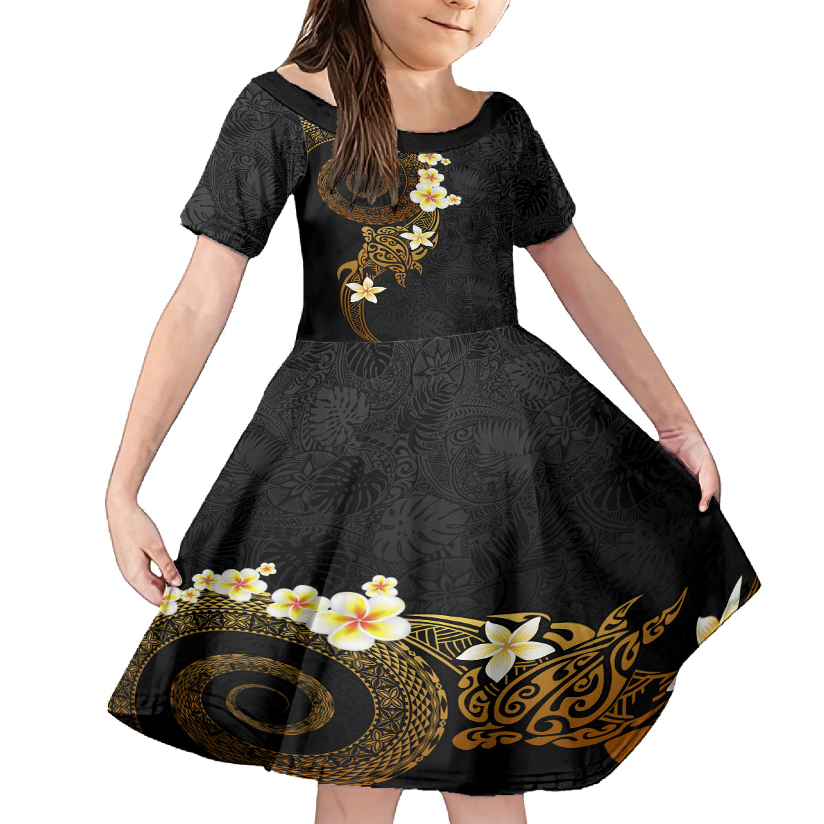 Polynesian Spiral Tribal Tattoo Family Matching Off The Shoulder Long Sleeve Dress and Hawaiian Shirt Golden Color LT03 Daughter's Dress Yellow - Polynesian Pride
