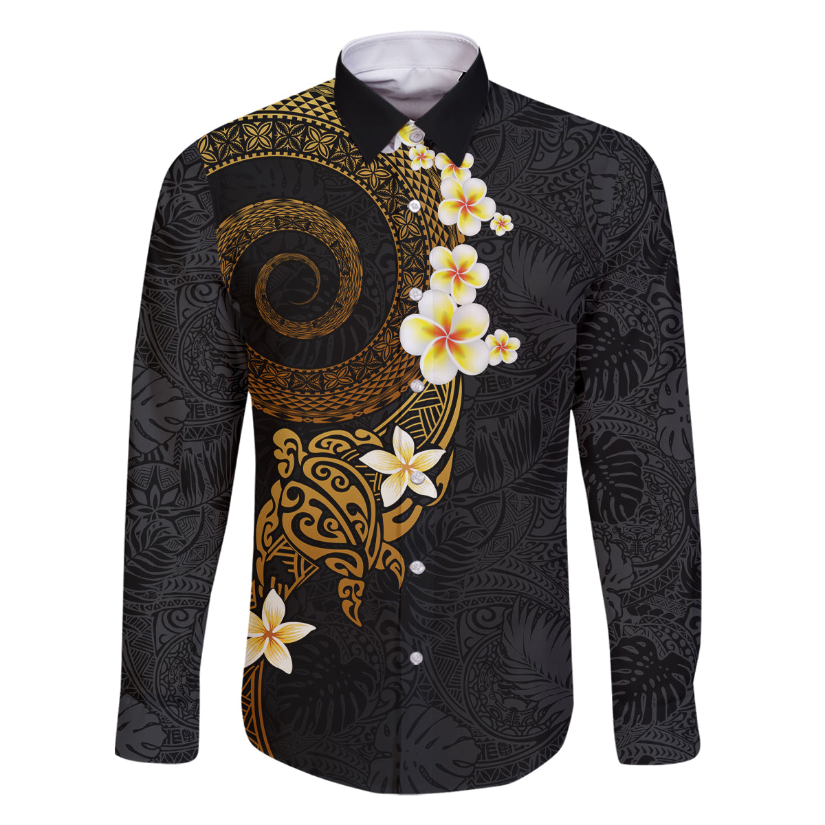 Polynesian Spiral Tribal Tattoo Family Matching Off The Shoulder Long Sleeve Dress and Hawaiian Shirt Golden Color LT03 Dad's Shirt - Long Sleeve Yellow - Polynesian Pride