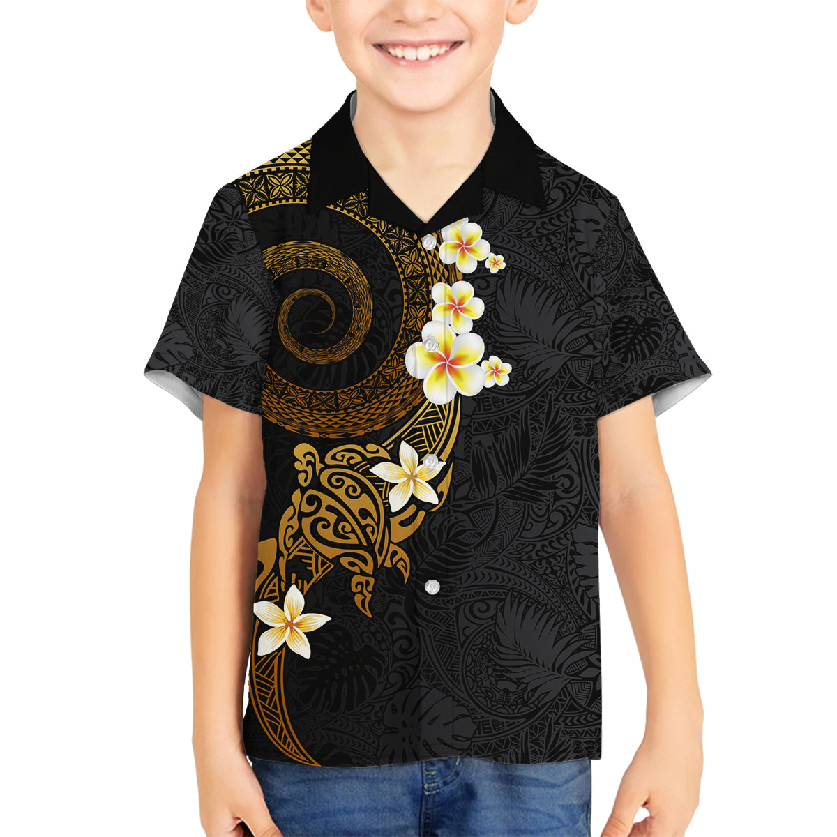 Polynesian Spiral Tribal Tattoo Family Matching Off Shoulder Maxi Dress and Hawaiian Shirt Golden Color LT03 Son's Shirt Yellow - Polynesian Pride