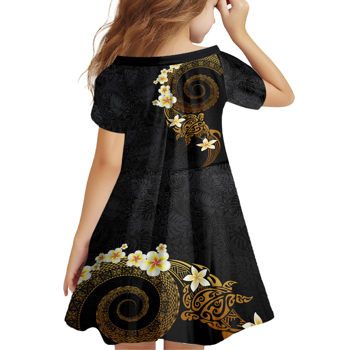 Polynesian Spiral Tribal Tattoo Family Matching Short Sleeve Bodycon Dress and Hawaiian Shirt Golden Color