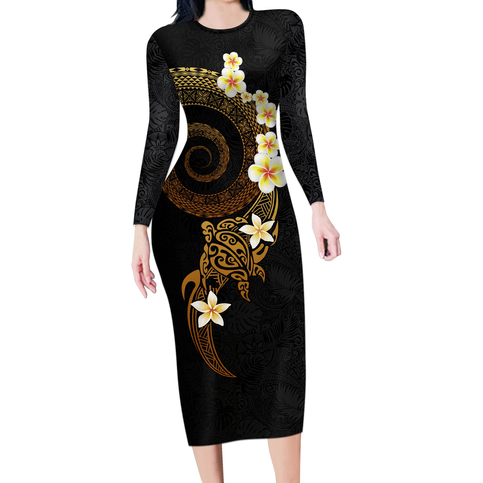 Polynesian Spiral Tribal Tattoo Long Sleeve Bodycon Dress Golden Color LT03 Long Dress Yellow - Polynesian Pride