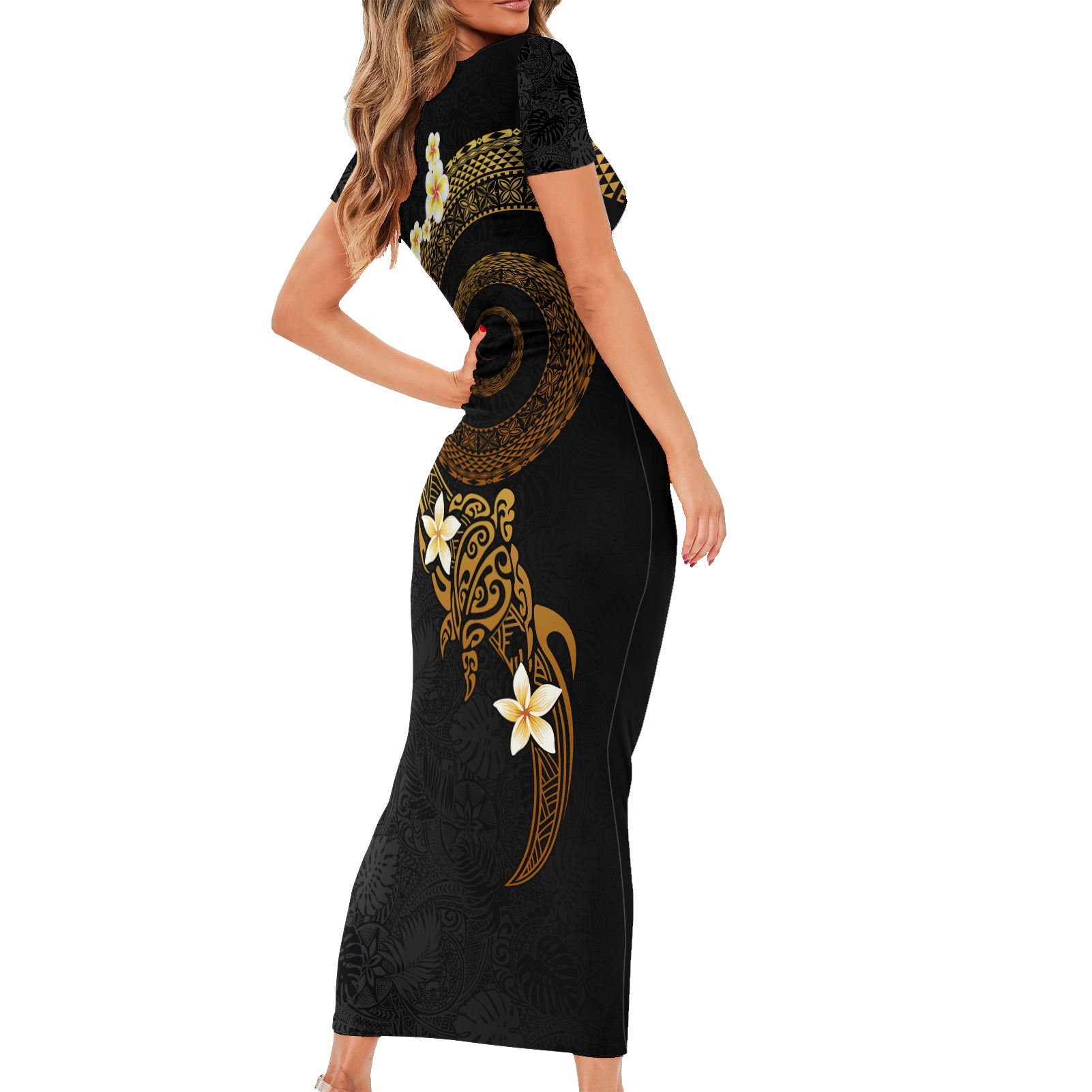 Polynesian Spiral Tribal Tattoo Short Sleeve Bodycon Dress Golden Color LT03 - Polynesian Pride