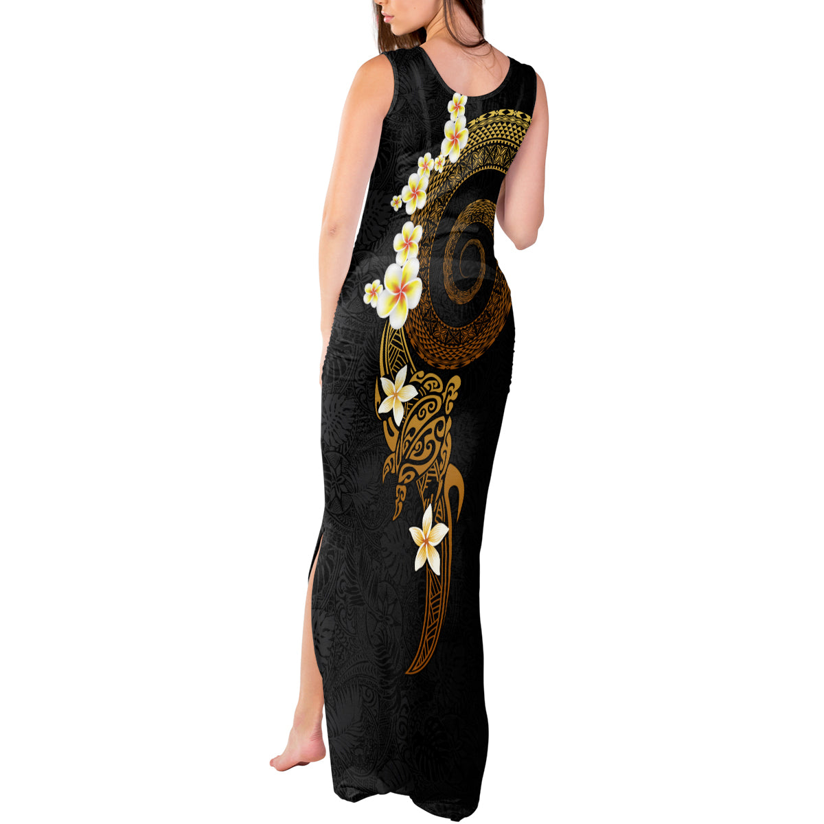 Polynesian Spiral Tribal Tattoo Tank Maxi Dress Golden Color