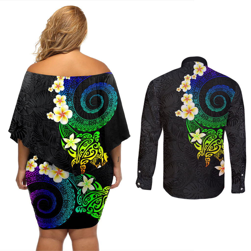 Polynesian Spiral Tribal Tattoo Couples Matching Off Shoulder Short Dress and Long Sleeve Button Shirt Fanciful Color