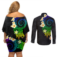 Polynesian Spiral Tribal Tattoo Couples Matching Off Shoulder Short Dress and Long Sleeve Button Shirt Fanciful Color