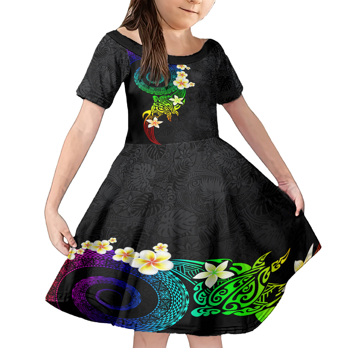 Polynesian Spiral Tribal Tattoo Family Matching Off The Shoulder Long Sleeve Dress and Hawaiian Shirt Fanciful Color LT03 Daughter's Dress Black - Polynesian Pride