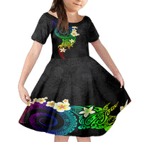 Polynesian Spiral Tribal Tattoo Family Matching Off The Shoulder Long Sleeve Dress and Hawaiian Shirt Fanciful Color LT03 Daughter's Dress Black - Polynesian Pride
