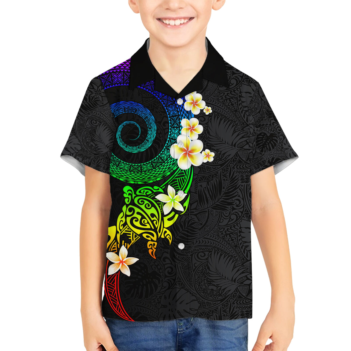 Polynesian Spiral Tribal Tattoo Family Matching Off Shoulder Short Dress and Hawaiian Shirt Fanciful Color LT03 Son's Shirt Black - Polynesian Pride