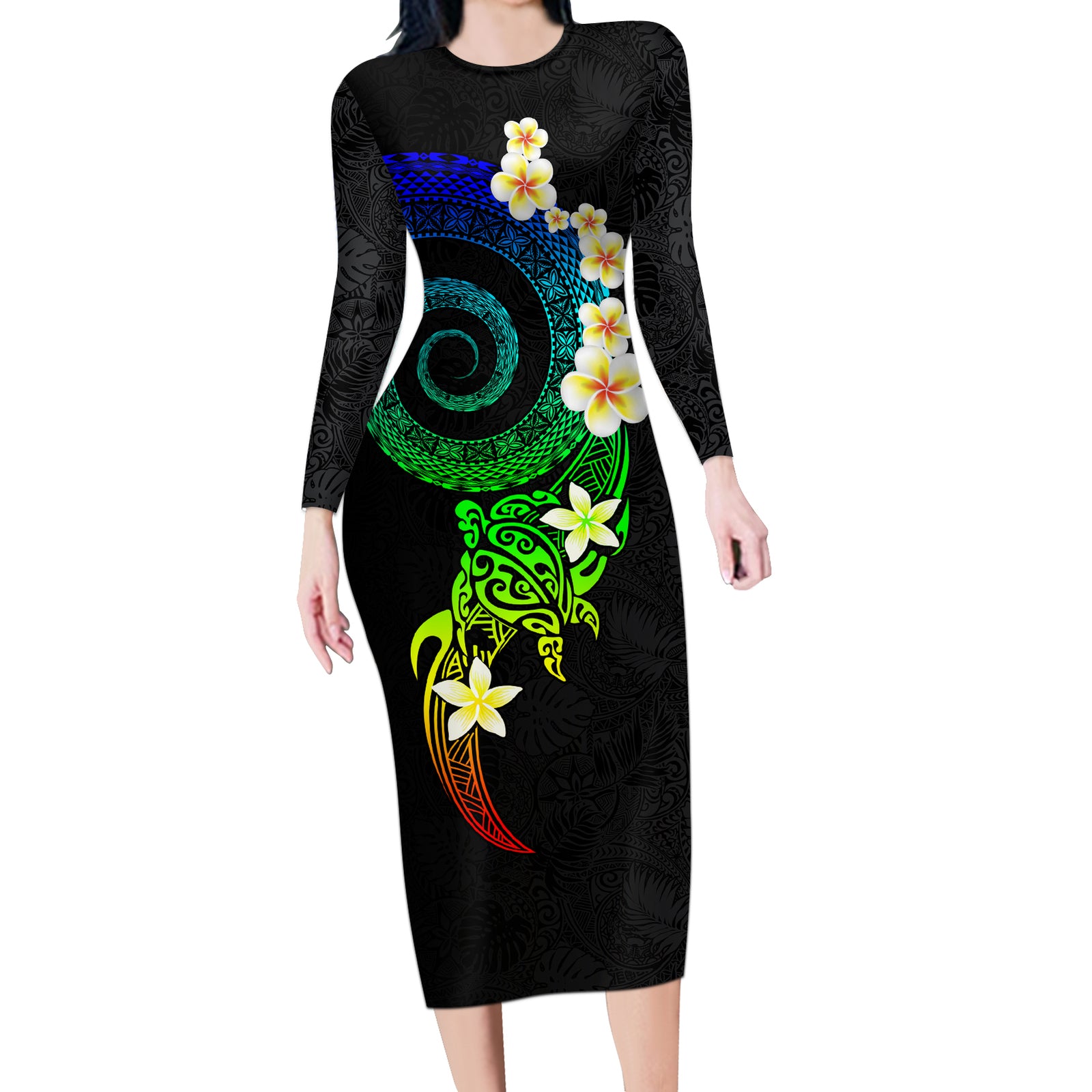 Polynesian Spiral Tribal Tattoo Long Sleeve Bodycon Dress Fanciful Color LT03 Long Dress Black - Polynesian Pride