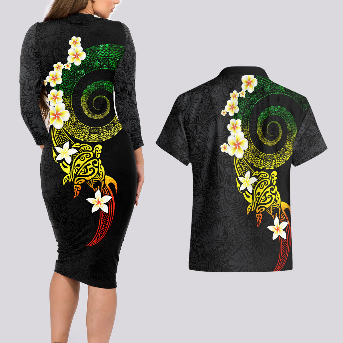 Polynesian Spiral Tribal Tattoo Couples Matching Long Sleeve Bodycon Dress and Hawaiian Shirt Reggae Color