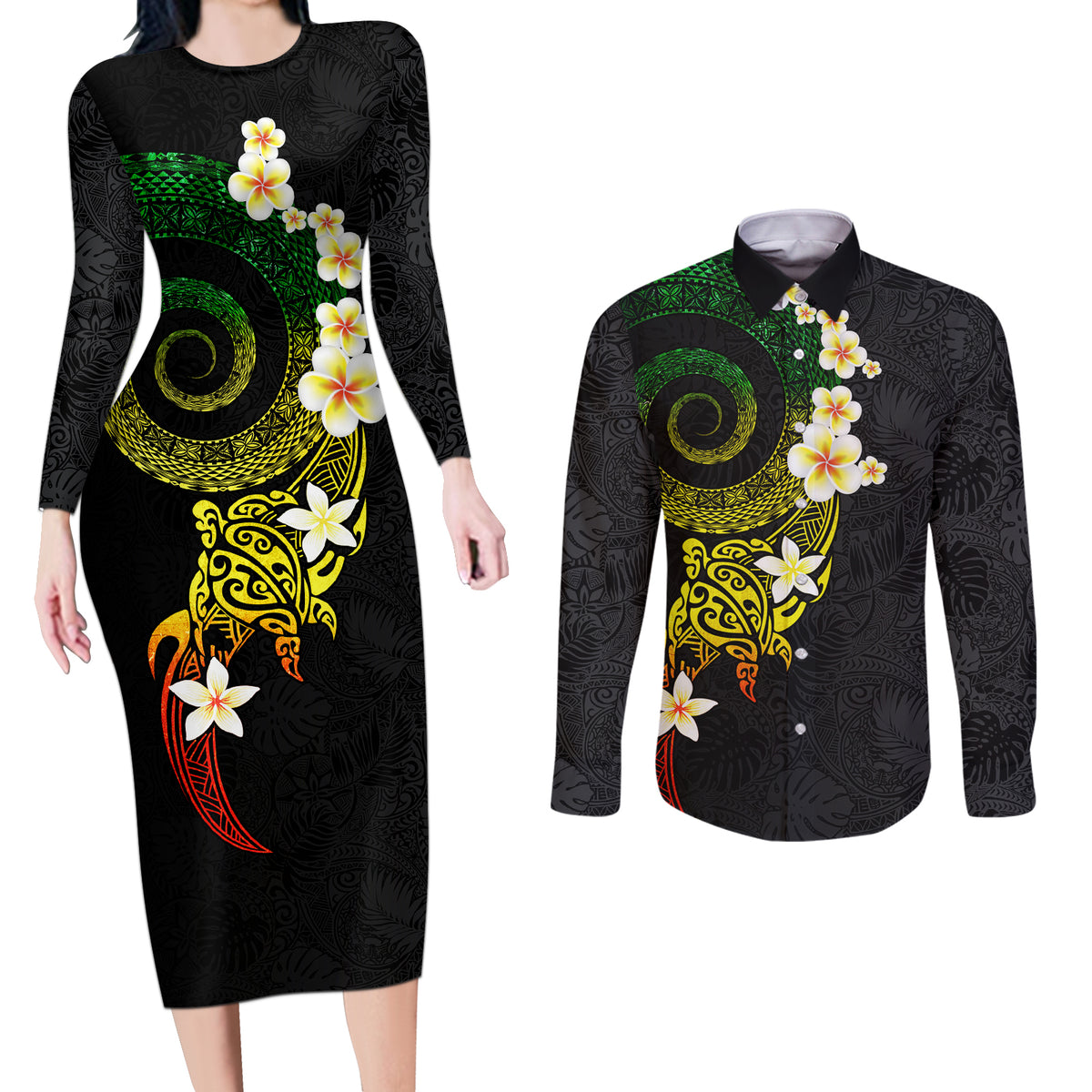 Polynesian Spiral Tribal Tattoo Couples Matching Long Sleeve Bodycon Dress and Long Sleeve Button Shirt Reggae Color