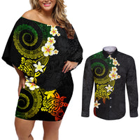Polynesian Spiral Tribal Tattoo Couples Matching Off Shoulder Short Dress and Long Sleeve Button Shirt Reggae Color