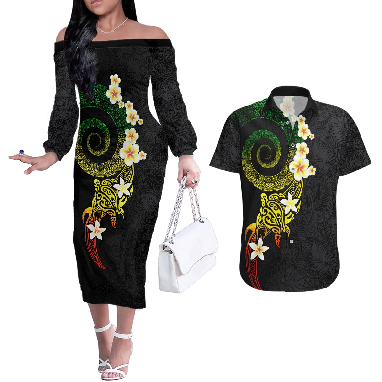 Polynesian Spiral Tribal Tattoo Couples Matching Off The Shoulder Long Sleeve Dress and Hawaiian Shirt Reggae Color LT03 Reggae - Polynesian Pride