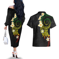 Polynesian Spiral Tribal Tattoo Couples Matching Off The Shoulder Long Sleeve Dress and Hawaiian Shirt Reggae Color LT03 - Polynesian Pride