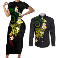 Polynesian Spiral Tribal Tattoo Couples Matching Short Sleeve Bodycon Dress and Long Sleeve Button Shirt Reggae Color