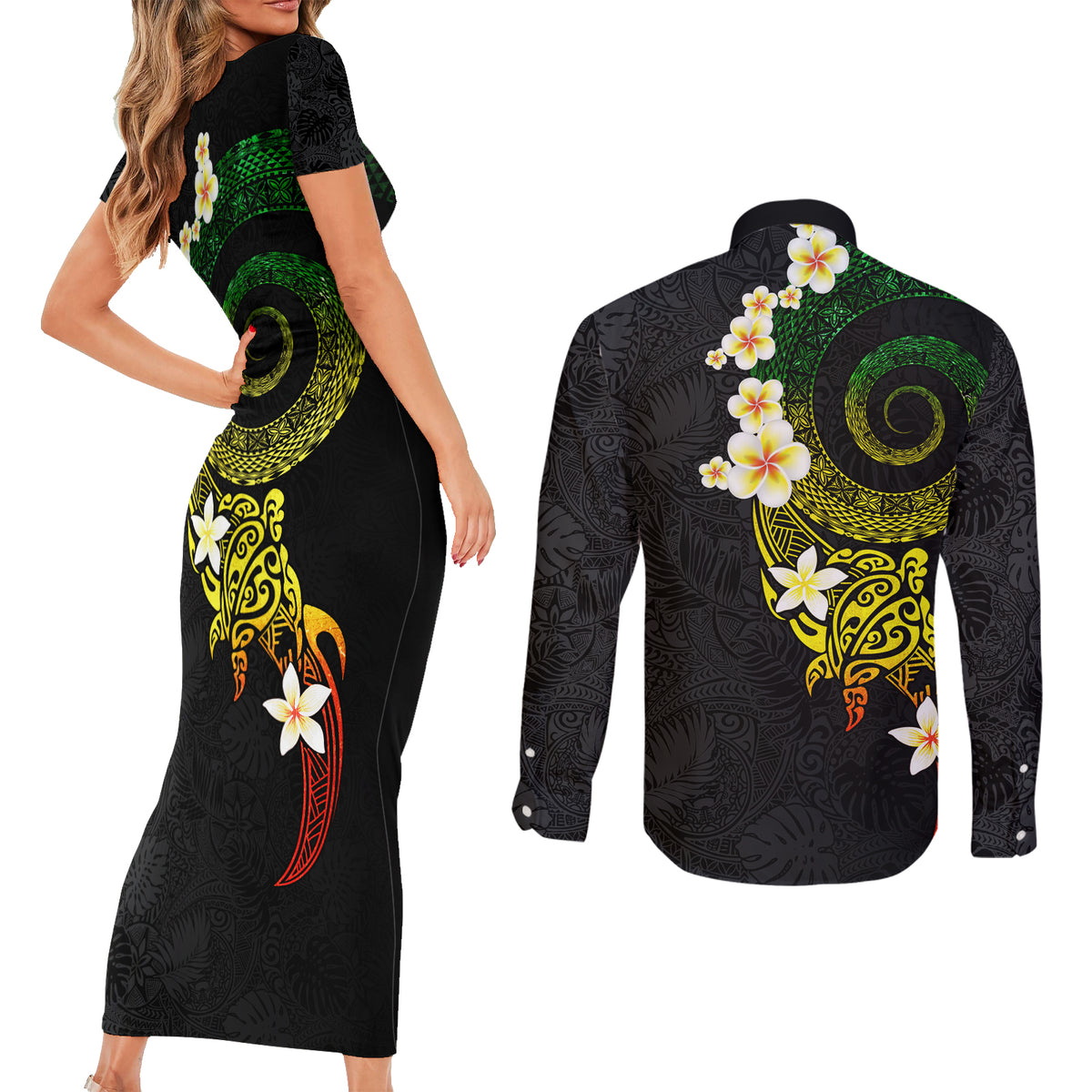 Polynesian Spiral Tribal Tattoo Couples Matching Short Sleeve Bodycon Dress and Long Sleeve Button Shirt Reggae Color