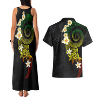 Polynesian Spiral Tribal Tattoo Couples Matching Tank Maxi Dress and Hawaiian Shirt Reggae Color