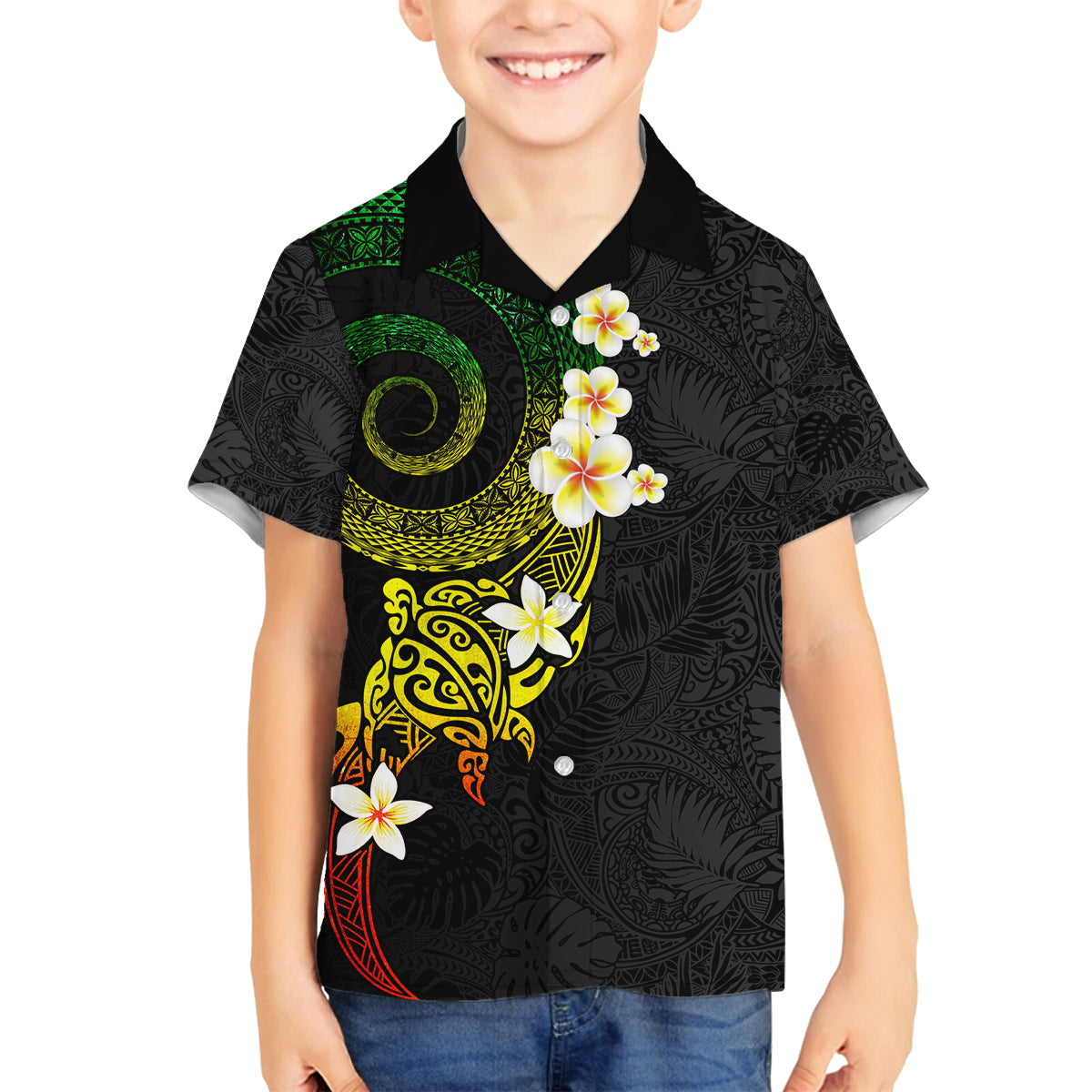 Polynesian Spiral Tribal Tattoo Family Matching Off The Shoulder Long Sleeve Dress and Hawaiian Shirt Reggae Color LT03 Son's Shirt Reggae - Polynesian Pride
