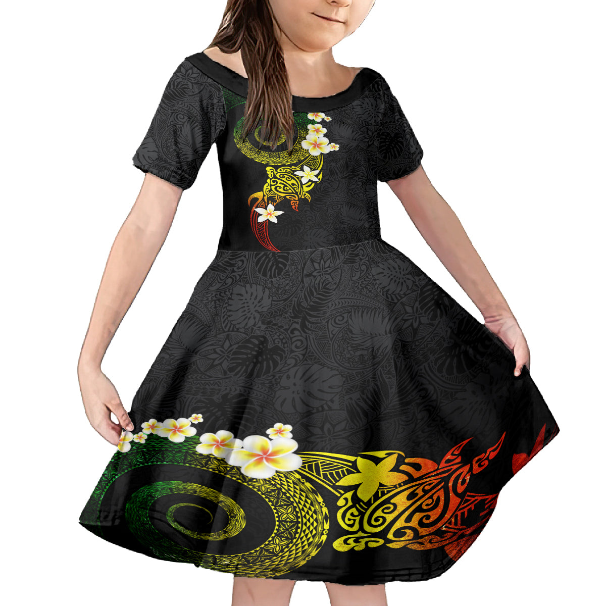 Polynesian Spiral Tribal Tattoo Family Matching Tank Maxi Dress and Hawaiian Shirt Reggae Color LT03 Daughter's Dress Reggae - Polynesian Pride