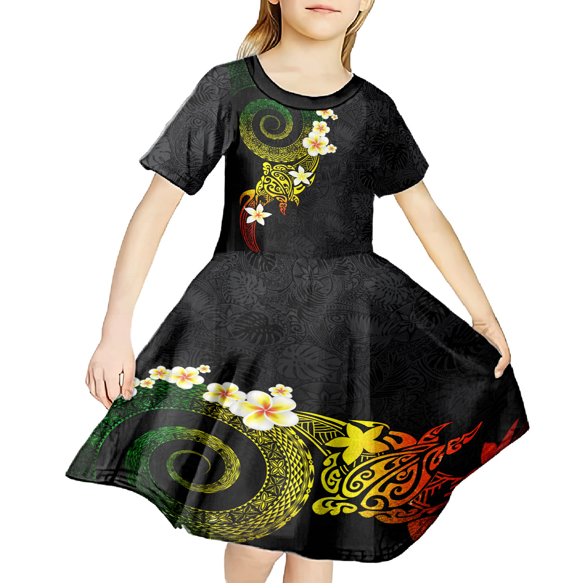 Polynesian Spiral Tribal Tattoo Kid Short Sleeve Dress Reggae Color