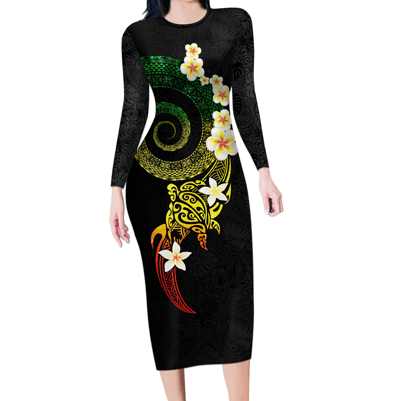 Polynesian Spiral Tribal Tattoo Long Sleeve Bodycon Dress Reggae Color LT03 Long Dress Reggae - Polynesian Pride