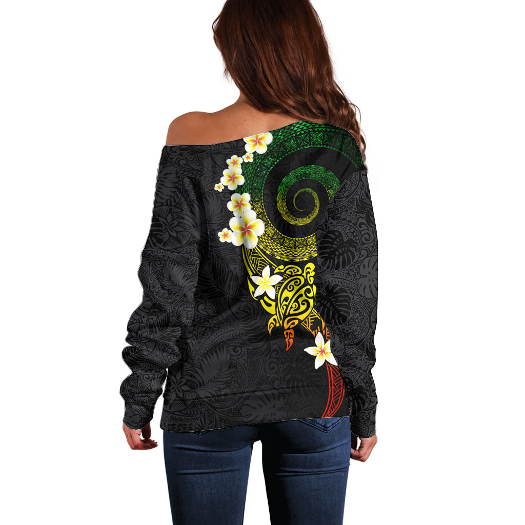 Polynesian Spiral Tribal Tattoo Off Shoulder Sweater Reggae Color