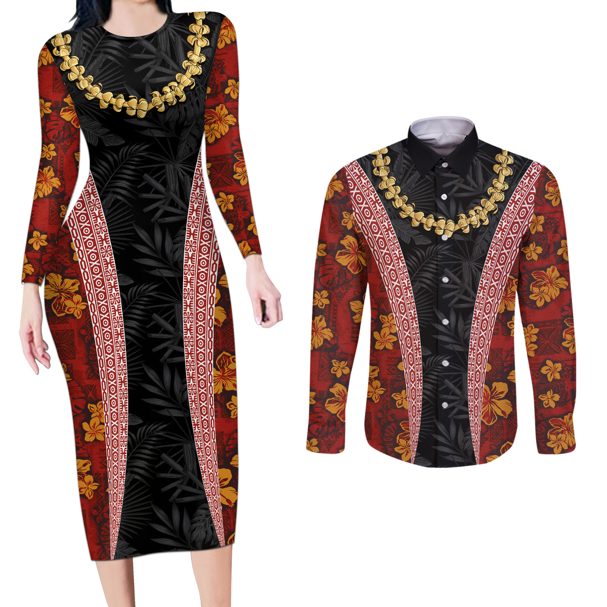 Hawaii Lei and Hibiscus Flowers Tribal Couples Matching Long Sleeve Bodycon Dress and Long Sleeve Button Shirt Patchwork Abstract Vintage LT03 Red - Polynesian Pride