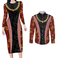 Hawaii Lei and Hibiscus Flowers Tribal Couples Matching Long Sleeve Bodycon Dress and Long Sleeve Button Shirt Patchwork Abstract Vintage LT03 Red - Polynesian Pride