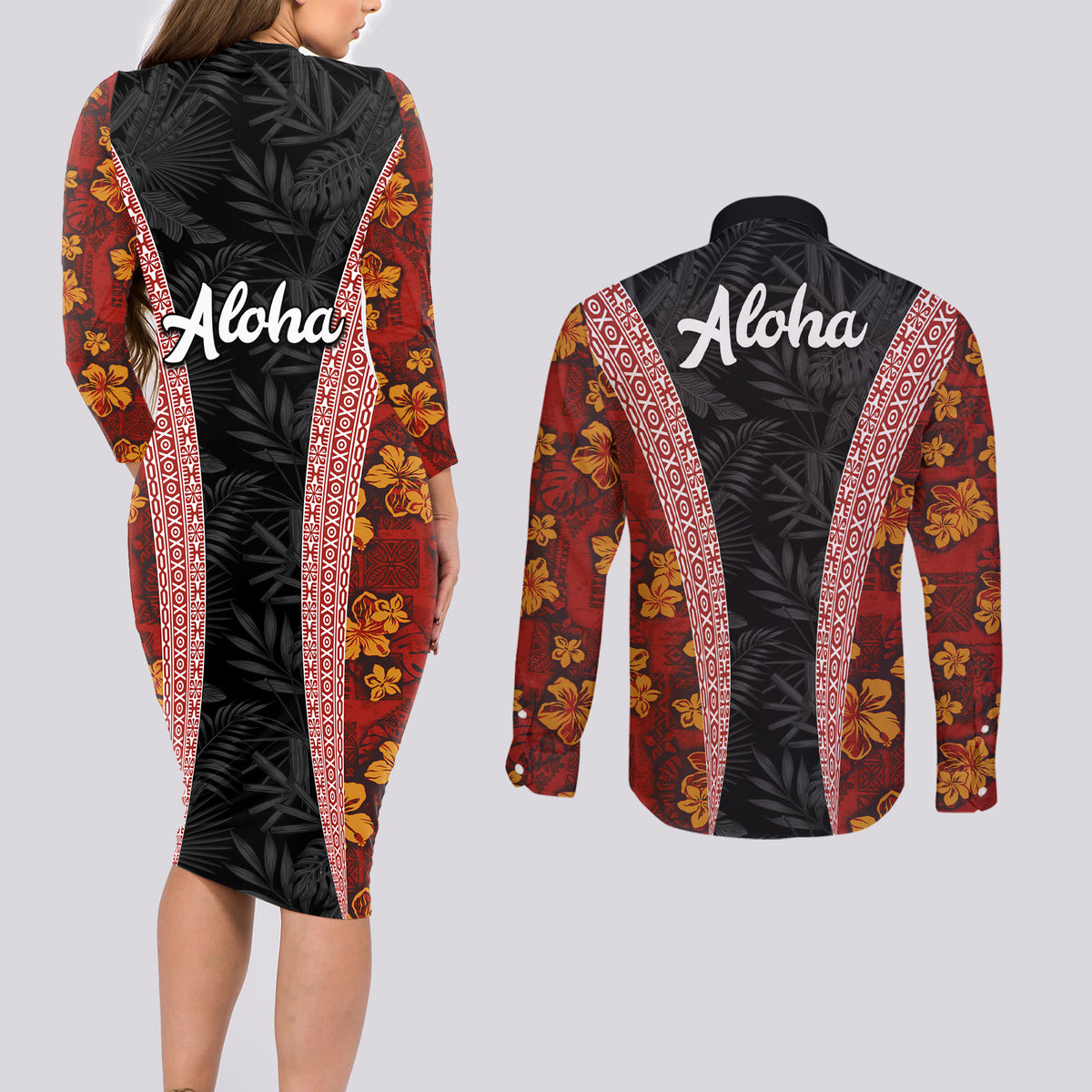 Hawaii Lei and Hibiscus Flowers Tribal Couples Matching Long Sleeve Bodycon Dress and Long Sleeve Button Shirt Patchwork Abstract Vintage LT03 - Polynesian Pride