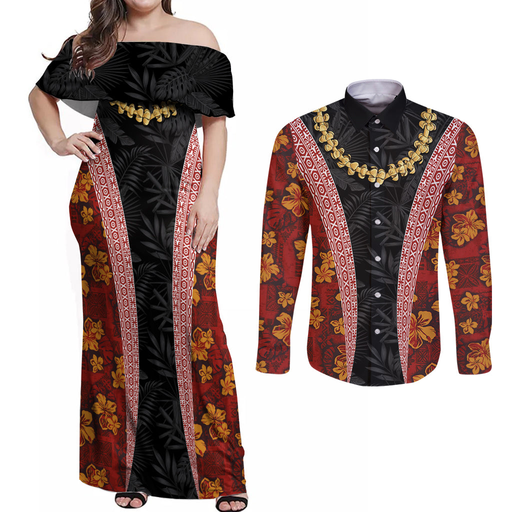 Hawaii Lei and Hibiscus Flowers Tribal Couples Matching Off Shoulder Maxi Dress and Long Sleeve Button Shirt Patchwork Abstract Vintage