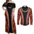 Hawaii Lei and Hibiscus Flowers Tribal Couples Matching Off Shoulder Maxi Dress and Long Sleeve Button Shirt Patchwork Abstract Vintage