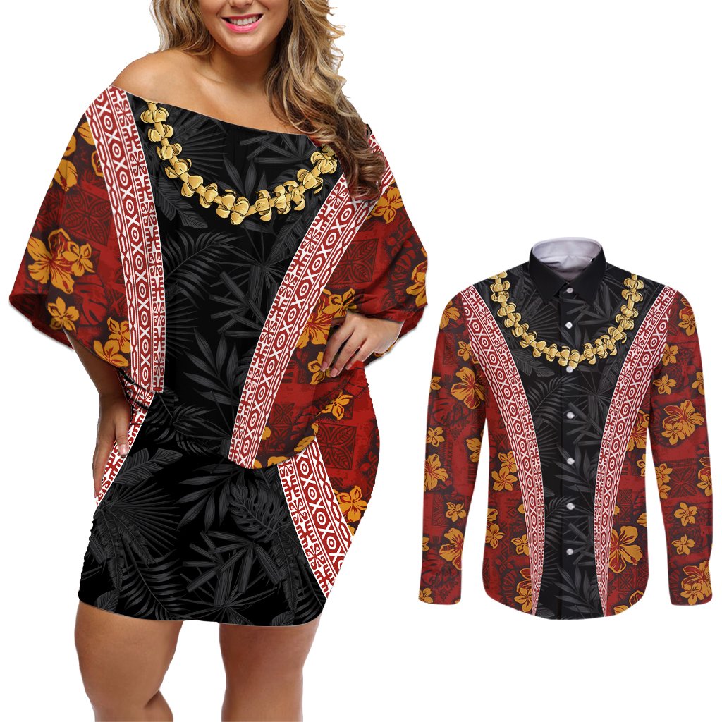Hawaii Lei and Hibiscus Flowers Tribal Couples Matching Off Shoulder Short Dress and Long Sleeve Button Shirt Patchwork Abstract Vintage LT03 Red - Polynesian Pride