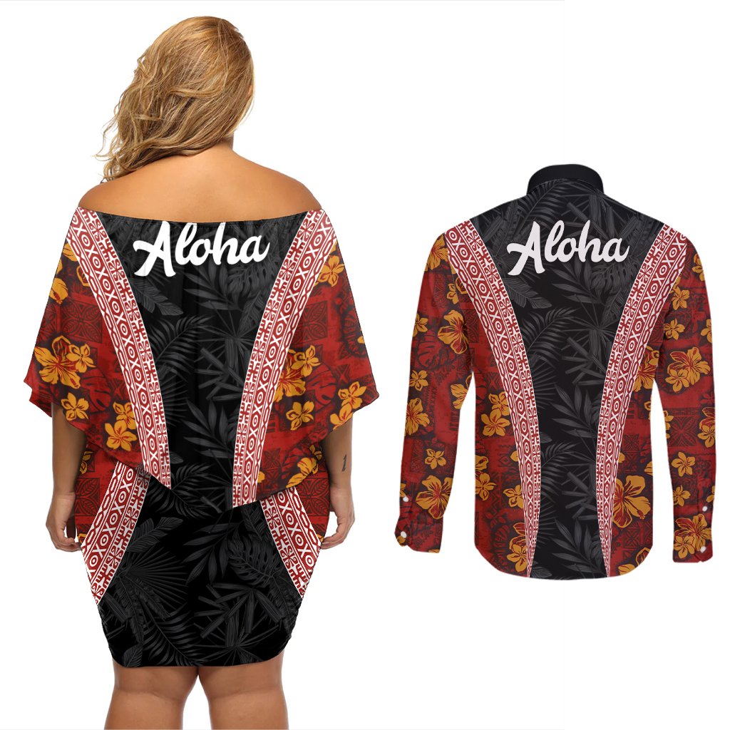 Hawaii Lei and Hibiscus Flowers Tribal Couples Matching Off Shoulder Short Dress and Long Sleeve Button Shirt Patchwork Abstract Vintage LT03 - Polynesian Pride