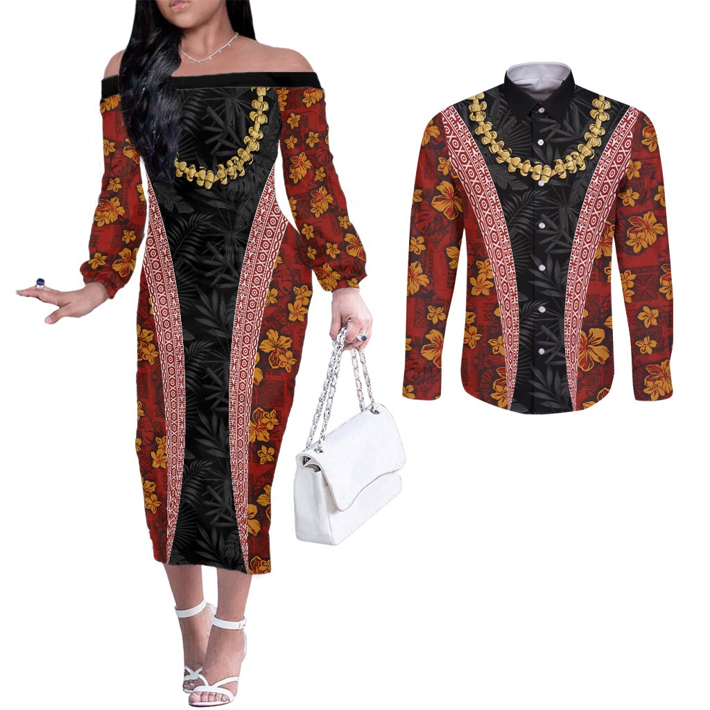 Hawaii Lei and Hibiscus Flowers Tribal Couples Matching Off The Shoulder Long Sleeve Dress and Long Sleeve Button Shirt Patchwork Abstract Vintage LT03 Red - Polynesian Pride