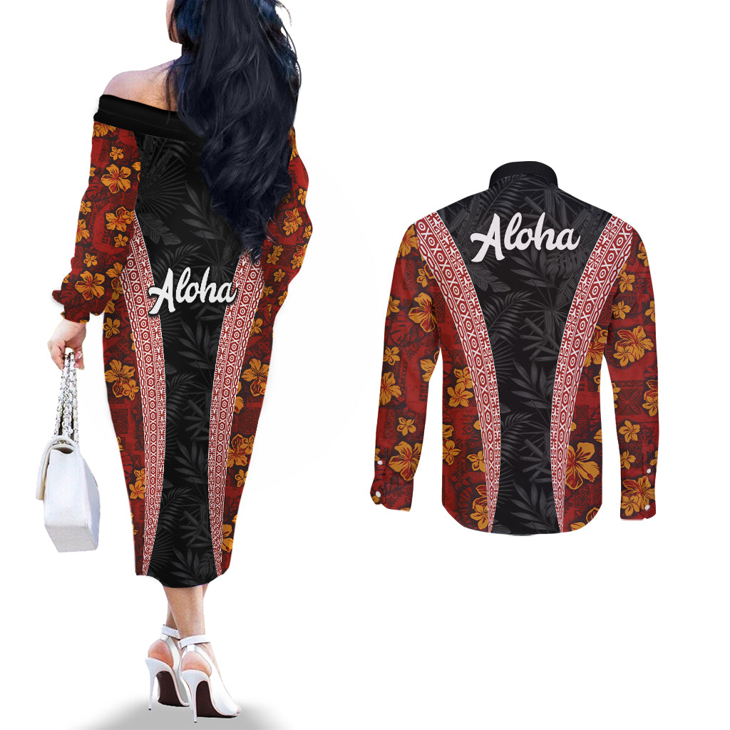 Hawaii Lei and Hibiscus Flowers Tribal Couples Matching Off The Shoulder Long Sleeve Dress and Long Sleeve Button Shirt Patchwork Abstract Vintage LT03 - Polynesian Pride