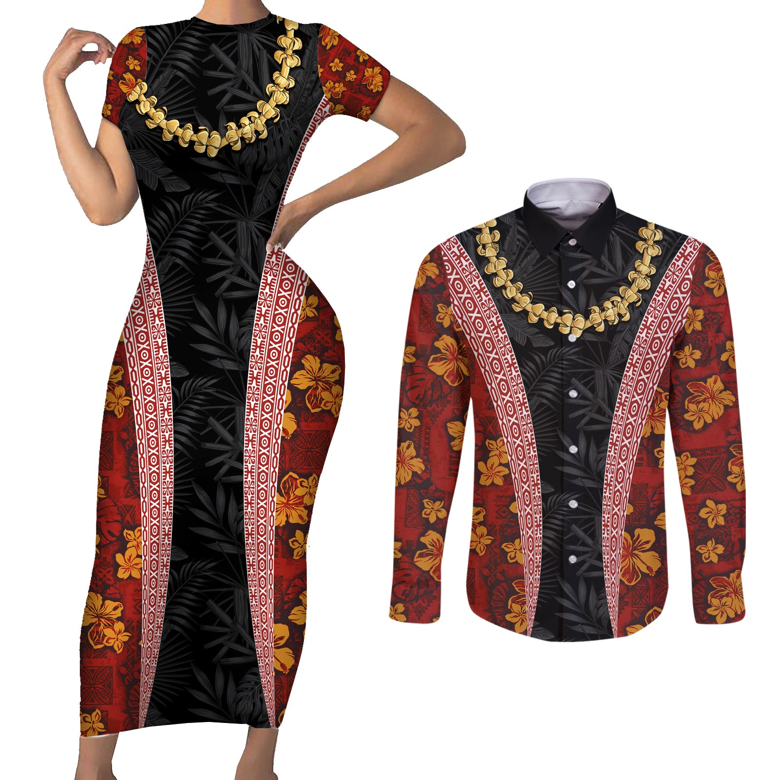 Hawaii Lei and Hibiscus Flowers Tribal Couples Matching Short Sleeve Bodycon Dress and Long Sleeve Button Shirt Patchwork Abstract Vintage