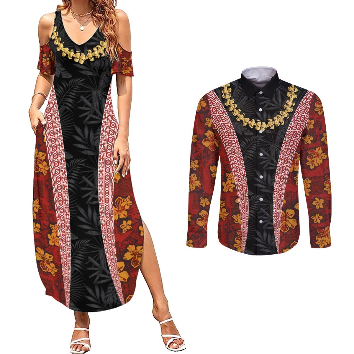 Hawaii Lei and Hibiscus Flowers Tribal Couples Matching Summer Maxi Dress and Long Sleeve Button Shirt Patchwork Abstract Vintage LT03 Red - Polynesian Pride