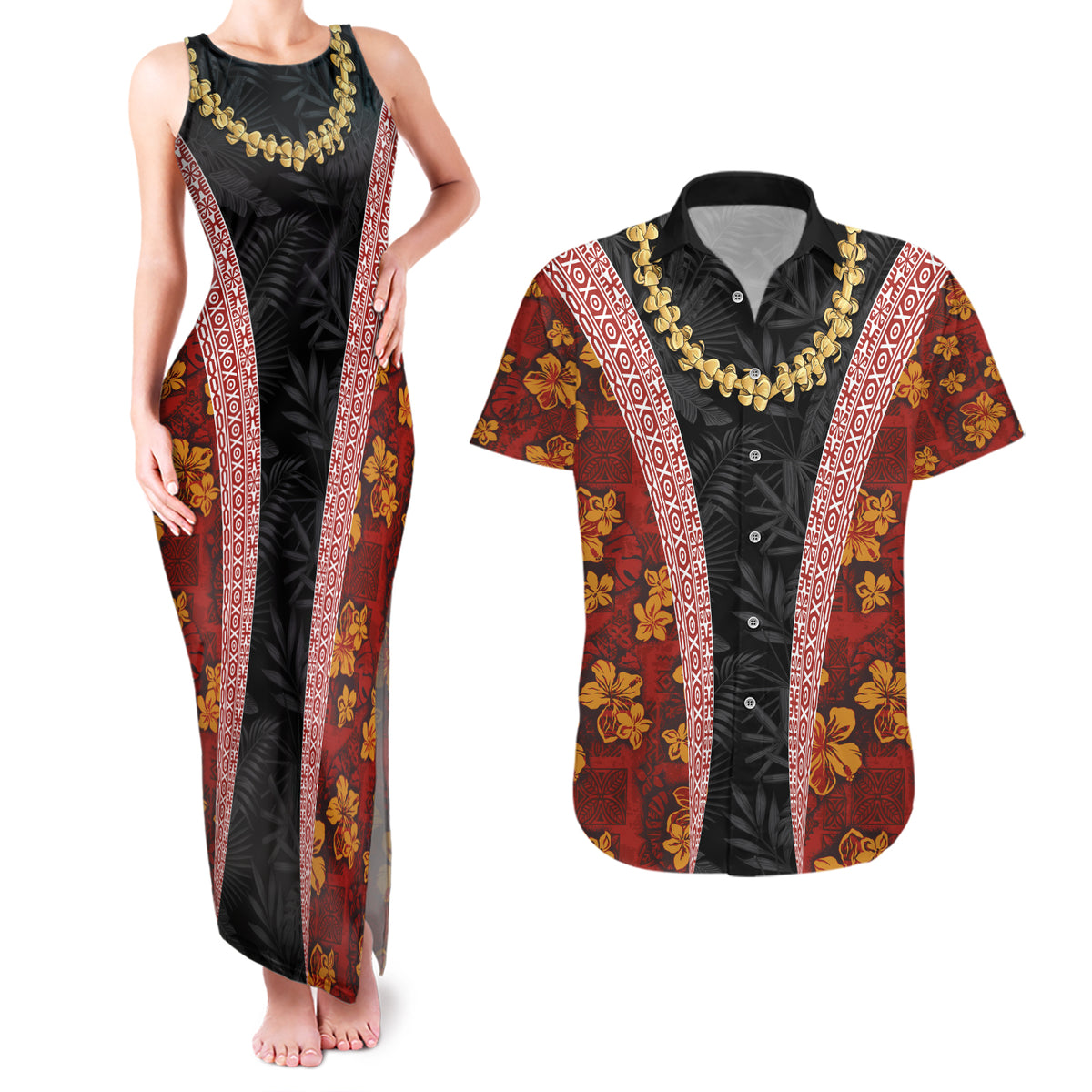Hawaii Lei and Hibiscus Flowers Tribal Couples Matching Tank Maxi Dress and Hawaiian Shirt Patchwork Abstract Vintage LT03 Red - Polynesian Pride