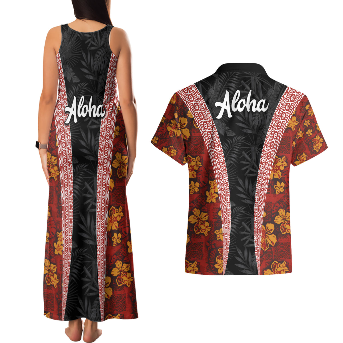 Hawaii Lei and Hibiscus Flowers Tribal Couples Matching Tank Maxi Dress and Hawaiian Shirt Patchwork Abstract Vintage LT03 - Polynesian Pride