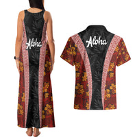 Hawaii Lei and Hibiscus Flowers Tribal Couples Matching Tank Maxi Dress and Hawaiian Shirt Patchwork Abstract Vintage LT03 - Polynesian Pride