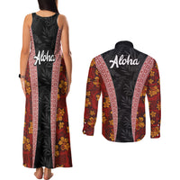 Hawaii Lei and Hibiscus Flowers Tribal Couples Matching Tank Maxi Dress and Long Sleeve Button Shirt Patchwork Abstract Vintage LT03 - Polynesian Pride