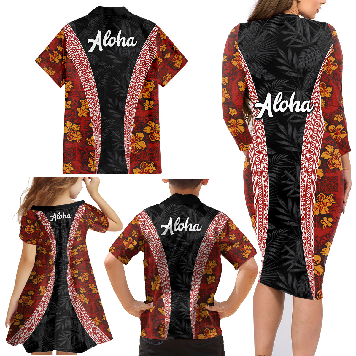 Hawaii Lei and Hibiscus Flowers Tribal Family Matching Long Sleeve Bodycon Dress and Hawaiian Shirt Patchwork Abstract Vintage