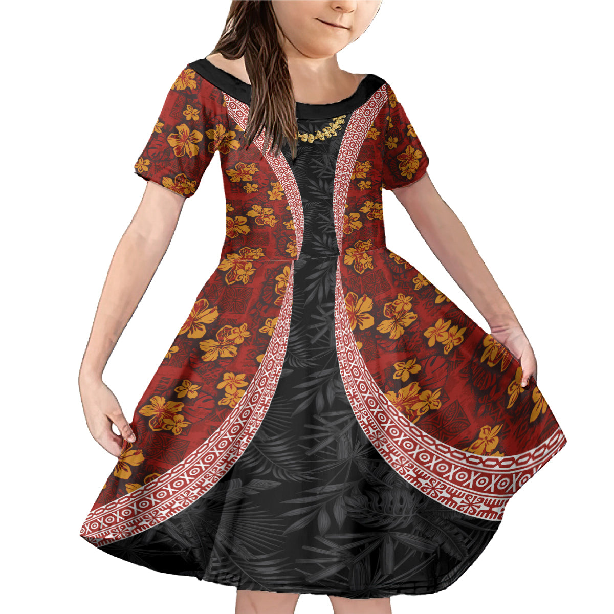 Hawaii Lei and Hibiscus Flowers Tribal Family Matching Mermaid Dress and Hawaiian Shirt Patchwork Abstract Vintage