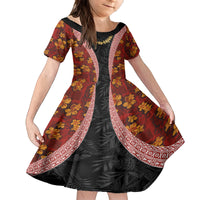 Hawaii Lei and Hibiscus Flowers Tribal Family Matching Off The Shoulder Long Sleeve Dress and Hawaiian Shirt Patchwork Abstract Vintage LT03 Daughter's Dress Red - Polynesian Pride