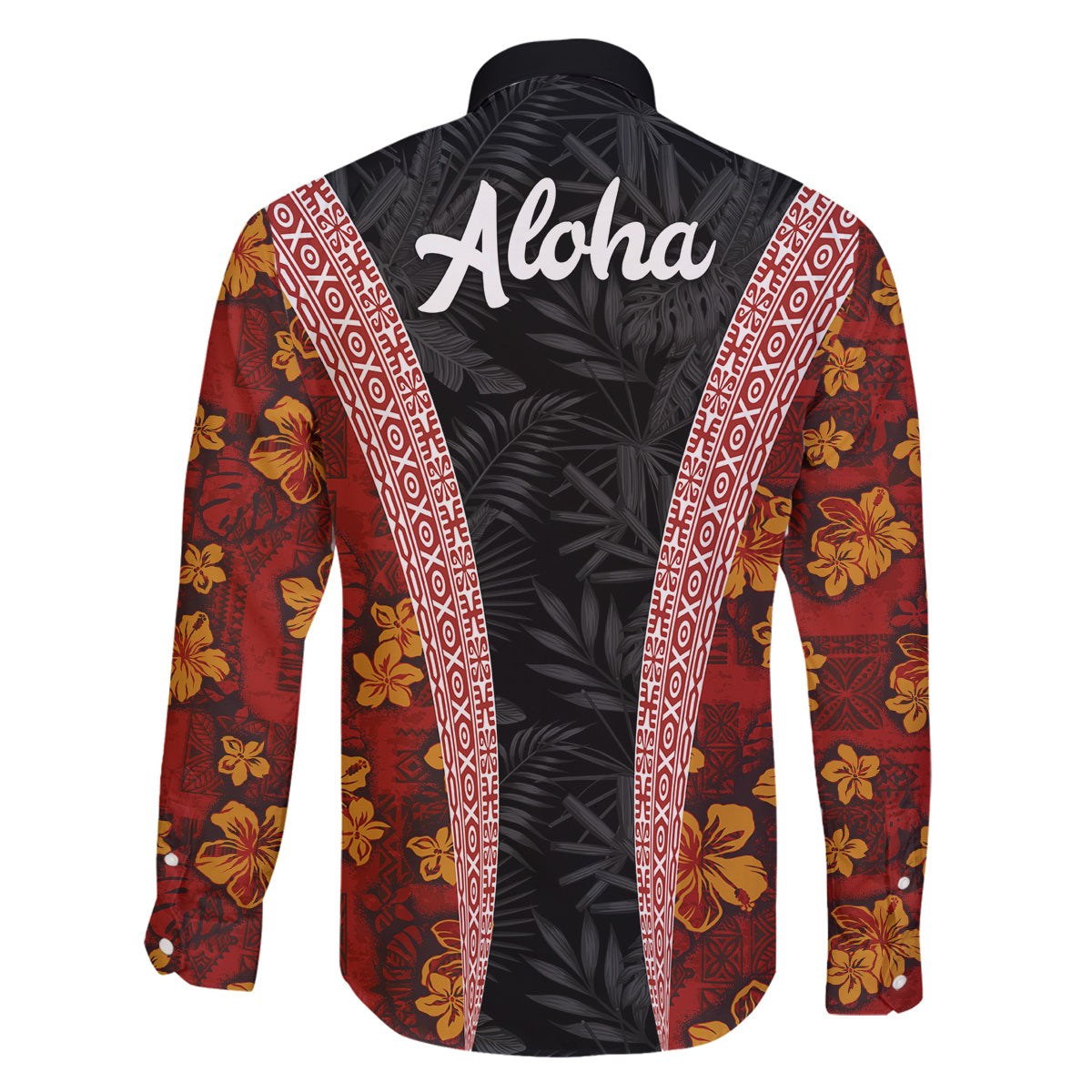 Hawaii Lei and Hibiscus Flowers Tribal Family Matching Off Shoulder Maxi Dress and Hawaiian Shirt Patchwork Abstract Vintage LT03 - Polynesian Pride