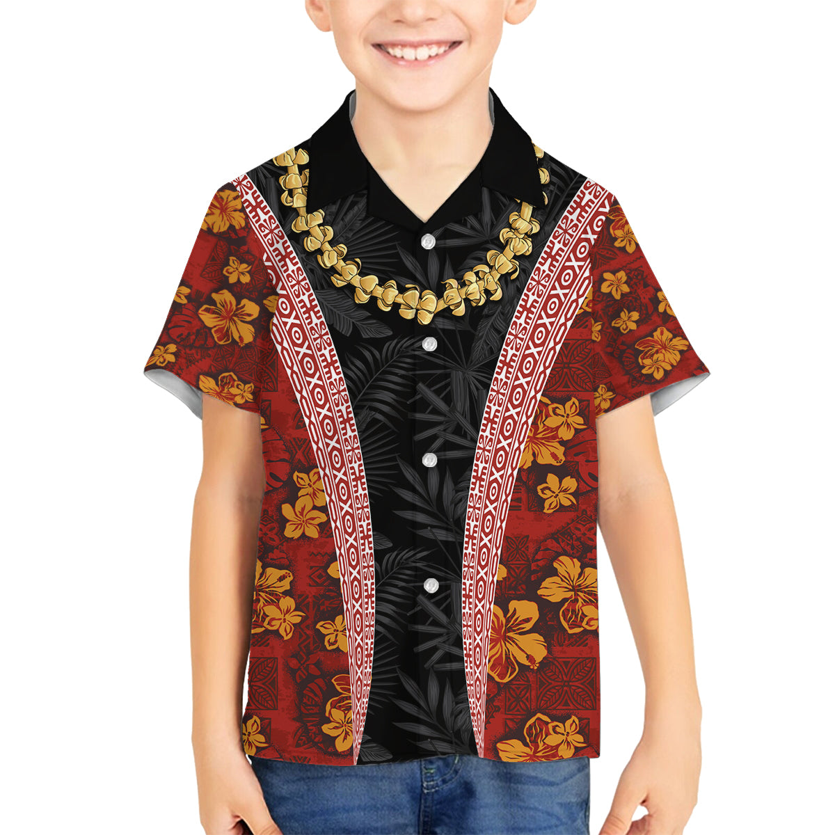 Hawaii Lei and Hibiscus Flowers Tribal Family Matching Off Shoulder Maxi Dress and Hawaiian Shirt Patchwork Abstract Vintage LT03 Son's Shirt Red - Polynesian Pride