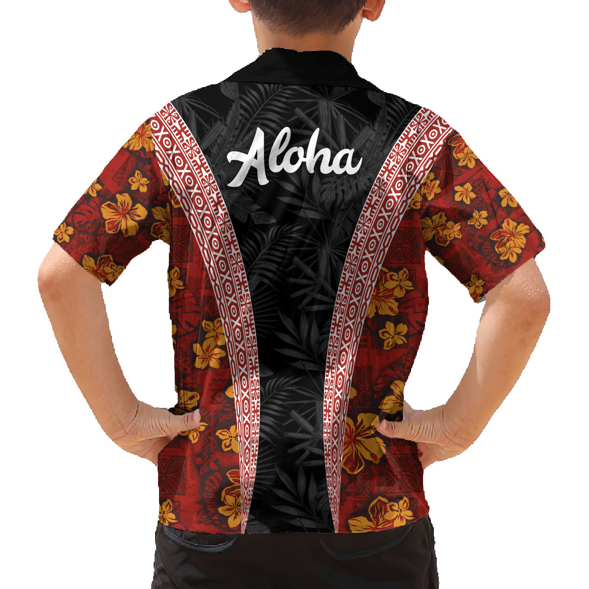 Hawaii Lei and Hibiscus Flowers Tribal Family Matching Off Shoulder Short Dress and Hawaiian Shirt Patchwork Abstract Vintage LT03 - Polynesian Pride