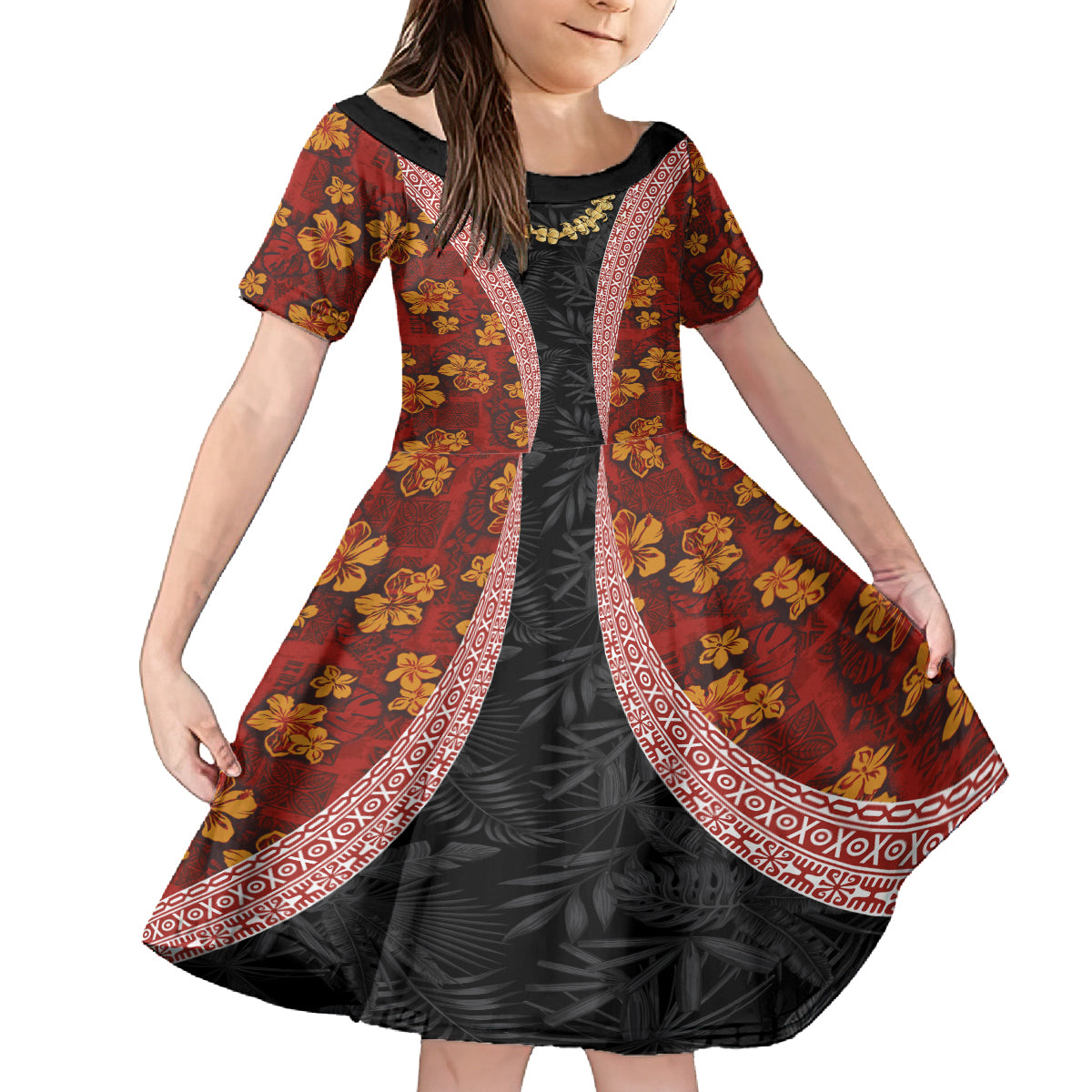 Hawaii Lei and Hibiscus Flowers Tribal Family Matching Off Shoulder Short Dress and Hawaiian Shirt Patchwork Abstract Vintage LT03 Daughter's Dress Red - Polynesian Pride