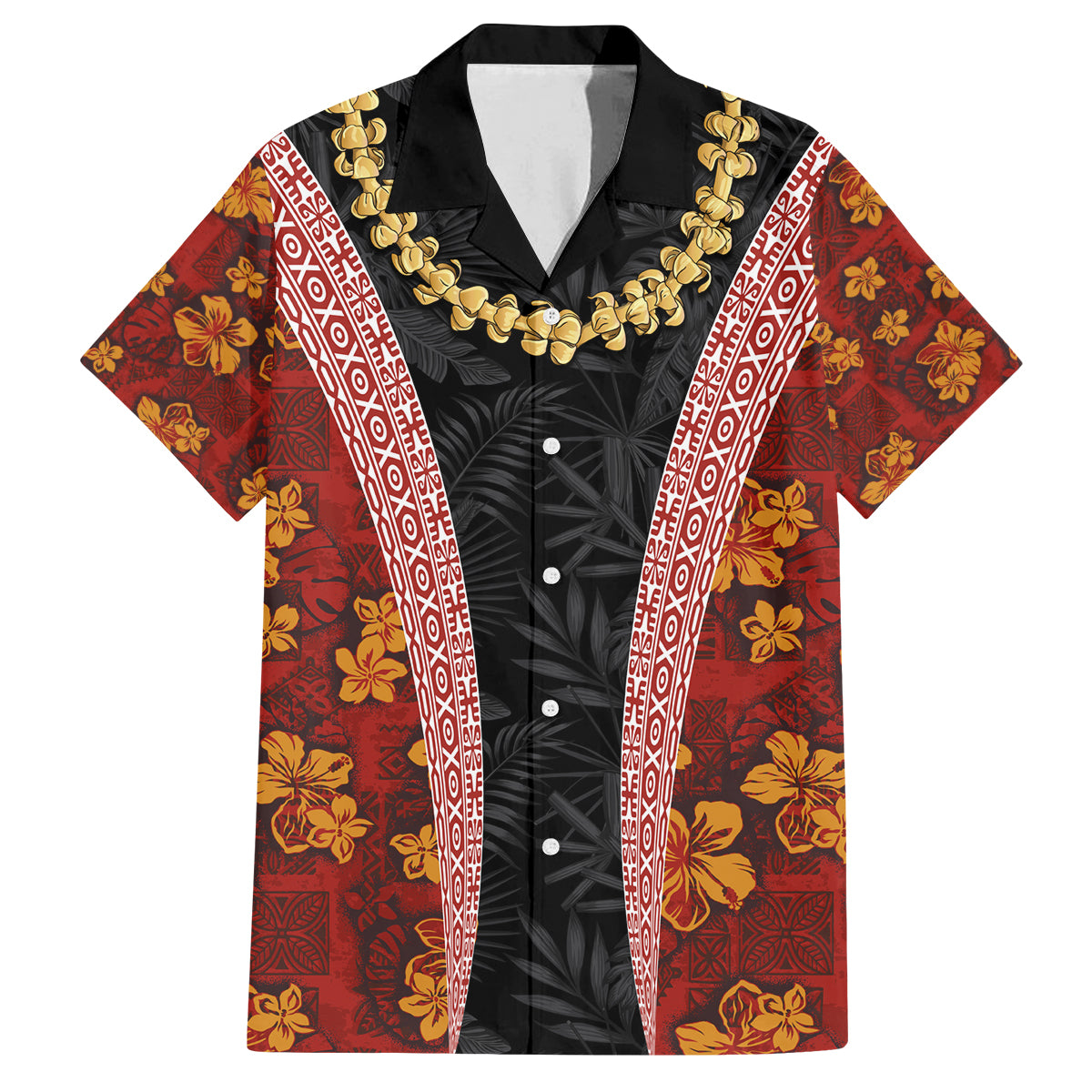Hawaii Lei and Hibiscus Flowers Tribal Family Matching Off Shoulder Short Dress and Hawaiian Shirt Patchwork Abstract Vintage LT03 Dad's Shirt - Short Sleeve Red - Polynesian Pride